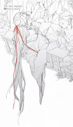 1boy 3girls against_railing ahoge chinese_clothes closed_eyes closed_mouth dress flower ghost greyscale hair_bun hair_down hair_ornament hair_ribbon half_updo hanfu highres holding_hands kiss kissing_hand long_hair long_sleeves looking_at_viewer male_focus modao_zushi moirae monochrome multiple_girls official_alternate_hairstyle plant railing red_ribbon ribbon robe sidelocks sitting smile solo_focus spot_color twitter_username very_long_hair watermark wei_wuxian wei_wuxian_(yiling_laozu) wide_sleeves