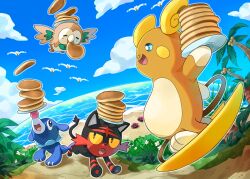 =_= alolan_form alolan_raichu animal_focus beach bird blue_eyes blue_sky cat cloud colored_sclera commentary_request day fangs floating flying food food_in_mouth gen_3_pokemon gen_7_pokemon grass holding holding_plate horizon leaf litten mobbbt nintendo no_humans open_mouth outdoors outline palm_tree pancake pancake_stack plate pokemon pokemon_(creature) pokemon_focus popplio pyukumuku rowlet sand sky smile starter_pokemon_trio sweatdrop tree water wingull yellow_sclera