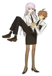 Rule 34 | 1boy, 1girl, black necktie, black pants, black ribbon, blush, braid, brown footwear, brown hair, brown pantyhose, carrying, collared shirt, danganronpa: trigger happy havoc, danganronpa (series), full body, hair ribbon, high heels, highres, kirigiri kyoko, mota (motaberrie), necktie, pants, pantyhose, princess carry, purple hair, reverse princess carry, ribbon, shirt, short hair, side braid, simple background, standing, white background, white shirt