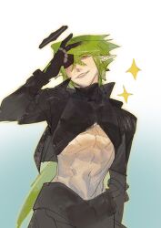 1boy abs absurdres aotu_world belt black_belt black_gloves black_jacket black_pants black_shirt chinese_commentary crop_top cropped_jacket gloves gradient_background green_hair grin groin halo highres jacket jewelry long_hair low_ponytail maggot92589 male_focus midriff navel pants pointy_ears ponytail red_eyes ring shirt simple_background sketch skin_tight smile solo sparkle stomach white_background xander_(aotu_world)