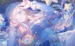 1girl artist_name beamed_eighth_notes blonde_hair blue_shirt breasts commentary cowboy_shot detached_sleeves eighth_note hair_over_shoulder happy_tears highres holding holding_jewelry holding_ring jewelry kin-iro_loveriche large_breasts long_hair long_sleeves lying musical_note musical_staff on_back one_eye_closed open_mouth ring shirt skirt smile solo star_(symbol) stuffed_owl sylvia_le_cruzcrown_sortilege_sisua tearing_up tears tiara umehara_sei watermark white_skirt white_sleeves