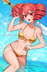 1girl alternate_costume arm_up bikini blue_sky blush breasts chocojax collarbone commentary commentary_request day drill_hair english_commentary feet_out_of_frame hair_between_eyes highres holding holding_weapon kasane_teto leaning_to_the_side looking_ahead medium_breasts navel on_water outdoors partially_submerged red_eyes red_hair sky solo standing swimsuit twin_drills twitter_username utau weapon yellow_bikini