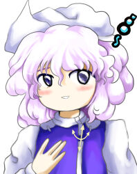 1girl blush hand_up highres letty_whiterock long_sleeves looking_at_viewer medium_hair parted_lips purple_eyes purple_hair purple_vest rusuban_(yakumora_n) simple_background smile solo squeans touhou upper_body vest white_background zun_(style)