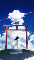 1girl absurdres architecture bare_shoulders black_cat black_eyes black_hair black_sandals blue_sky cat cloud commentary_request dress east_asian_architecture floating_hair from_side grass highres kakko_(hibiki_bellfox) long_hair long_sleeves looking_at_viewer sandals sky sleeveless sleeveless_dress standing torii turning_head white_dress