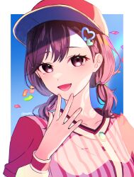 1girl :d baseball_cap blue_sky border braid brown_eyes brown_hair buttons chromatic_aberration collarbone commentary_request confetti day fingernails hair_behind_ear hair_between_eyes hair_ornament hand_on_own_chin hand_up hat heart heart_hair_ornament highres jacket layered_sleeves long_sleeves low_twintails medium_hair nhrg806 open_mouth outdoors outside_border pink_jacket portrait project_sekai puffy_long_sleeves puffy_sleeves red_hat shinonome_ena short-sleeved_jacket short_over_long_sleeves short_sleeves simple_background single_braid sky smile solo striped_clothes striped_jacket swept_bangs turning_head twintails vertical-striped_clothes vertical-striped_jacket white_border
