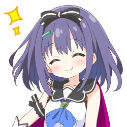 Rule 34 | 1girl, ^ ^, bare shoulders, black cape, black hairband, blue neckerchief, blush, cape, closed eyes, closed mouth, collarbone, commentary request, dot nose, facing viewer, hair ornament, hairband, hairclip, highres, kotatsu-mazoku, misora (princess connect!), neckerchief, princess connect!, purple hair, red cape, shirt, short hair, simple background, sleeveless, sleeveless shirt, smile, solo, sparkle, two-sided cape, two-sided fabric, upper body, white background, white shirt