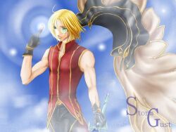 1boy black_capelet black_gloves black_pants blonde_hair blue_background brown_cape cape capelet closed_mouth commentary_request cowboy_shot english_text gloves green_eyes index_finger_raised looking_afar magic male_focus monocle pants ragnarok_online red_shirt shirt short_hair simpatiaein sleeveless sleeveless_shirt smile solo unworn_cape wizard_(ragnarok_online)