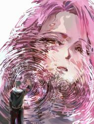 1boy 1girl alien_stage black_shirt doeun_o_o grey_hair highres hood long_hair mizi_(alien_stage) pink_hair ripples shirt short_hair till_(alien_stage) water
