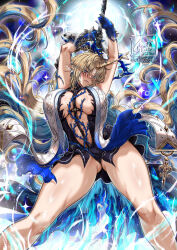 1girl armpits arms_up between_breasts blonde_hair blue_eyes blue_fire blue_skin blush breasts chie00chan cleavage colored_skin covered_erect_nipples dress energy fighting_stance fire fleurdelys_(wuthering_waves) gold gradient_skin holding holding_weapon horns huge_breasts panties plant_roots pointy_ears single_horn spiked_root spikes thighs underwear weapon wuthering_waves