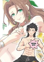 1boy 1girl abs aerith_gainsborough aerith_gainsborough_(citric_dress) aozora_airu bare_shoulders black_hair blush bow bracelet brown_hair closed_mouth commentary_request dress earrings feet_out_of_frame final_fantasy final_fantasy_vii final_fantasy_vii_ever_crisis green_bow green_eyes hair_bow hair_slicked_back jewelry long_hair looking_at_viewer male_swimwear multicolored_nails official_alternate_costume parted_bangs ring sleeveless sleeveless_dress smile spiked_hair swim_trunks toned toned_male topless_male upper_body zack_fair zack_fair_(tropical_beach)