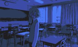 1boy arms_at_sides blue_theme chair classroom collared_shirt curtains desk faceless faceless_male indoors jaggy_lines kaiinu long_sleeves male_focus monochrome necktie nijisanji school_chair school_desk shirt solo sweater_vest turning_head uzuki_kou virtual_youtuber