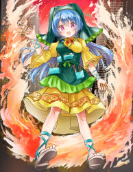 1girl :d absurdres apron arm_at_side arm_ribbon blue_hair blue_ribbon blush breasts chinese_commentary chisel cityscape commentary_request english_text fighting_stance fire floating_hair frilled_apron frilled_scarf frills full_body green_apron green_headscarf green_scarf hair_between_eyes hand_up haniyasushin_keiki headscarf highres holding holding_tool jewelry long_hair long_sleeves looking_at_viewer magatama magatama_necklace medium_breasts necklace object_in_pocket open_mouth pocket purple_eyes pyrokinesis ribbon sandals scarf shirt skirt smile solo takepoison toes touhou wide_sleeves wily_beast_and_weakest_creature wood_carving_tool yellow_shirt yellow_skirt
