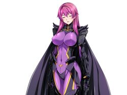1girl armor black_cape blush bodysuit breasts cape closed_eyes covered_erect_nipples covered_navel cowboy_shot dark_reica game_cg gauntlets gentle_sasaki large_breasts large_variant_set long_hair mole mole_under_eye non-web_source official_art open_mouth pink_hair purple_bodysuit purple_hair shindou_hatsune skin_tight solo soukou_senki_prism_reica standing transparent_background variant_set