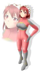 Rule 34 | 1girl, 5757mad, bodysuit, boots, cecily cambell, highres, knee boots, red eyes, red hair, seiken no blacksmith, short hair, skin tight, thigh boots, thighhighs