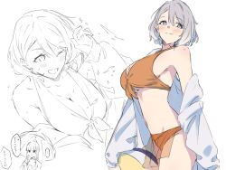 ... 2girls bikini blue_eyes blush breasts cleavage grey_hair hair_between_eyes highres holding holding_umbrella jacket kanadate_ruri kanade_(kanade_3344) long_hair multiple_girls navel one_eye_closed open_clothes open_jacket orange_bikini original partially_colored ponytail short_hair sparkle spoken_ellipsis stomach swimsuit translation_request umbrella underboob white_jacket yahazu_tobira