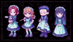 ... 2boys 2girls :&lt; alternate_costume animal annoyed apron arai_motoha artist_name back_bow bad_id bad_twitter_id bird black_background black_boots black_dress black_hair black_shoes blue_eyes boots bow bright_pupils brown_eyes brown_hair closed_eyes closed_mouth collared_dress crossdressing crossdressing_(mtf) curtained_hair dress enmaided frilled_dress frills full_body furrowed_brow hand_on_own_hip highres holding holding_animal holding_bird holding_mop jack_7274 juliet_sleeves kamishiro_nagisa kanou_shun lace-up_boots long_dress long_hair long_sleeves looking_at_viewer lufel_(owl)_(p5x) lufel_(p5x) maid maid_apron maid_headdress male_maid mary_janes mop multiple_boys multiple_girls neck_ribbon outline parted_bangs persona persona_5 persona_5:_the_phantom_x pleated_dress puffy_short_sleeves puffy_sleeves purple_outline red_eyes red_hair red_ribbon ribbon shaking shoes short_hair short_sleeves signature simple_background skirt_hold sleeve_cuffs smile socks speech_bubble spoken_ellipsis sweat tanemura_riko v_arms very_short_hair waist_apron white_apron white_bow white_pupils white_socks wing_collar wrist_cuffs