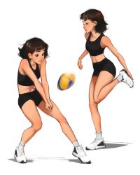 1girl adjusting_clothes adjusting_shoe ball black_eyes black_shoes brown_hair clenched_teeth crop_top full_body highres line_of_action medium_hair multiple_views open_mouth original sam_yang shoes sneakers sparkling_eyes stomach teeth toned toned_female volleyball_(object)