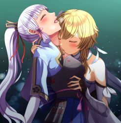 2girls armor ayaka_(genshin_impact) blonde_hair blue_hair blue_skirt blush breasts breath cleavage closed_eyes dress fingerless_gloves gasp genshin_impact gloves hand_on_another&#039;s_shoulder hand_on_another&#039;s_waist heavy_breathing highres kiss kissing_neck long_hair lumine_(genshin_impact) medium_breasts moaning multiple_girls open_mouth parted_lips ponytail short_hair skirt sweat white_dress yozu_(yozu0420) yuri