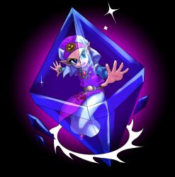 1girl absurdres belt black_background blue_eyes blue_hair child dress earrings energy_barrier gem glowing hat highres jewelry kolsanart looking_at_viewer magic nintendo open_hand open_mouth pointy_ears princess_zelda prism shield smile solo spinning t-pose the_legend_of_zelda the_legend_of_zelda:_ocarina_of_time triforce two-tone_dress two-tone_headwear v-shaped_eyebrows veil white_hat