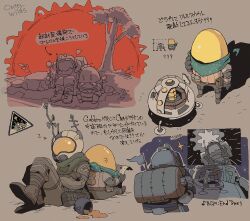 Rule 34 | 3others, ?, ??, anger vein, back-to-back, backpack, bag, chert (outer wilds), copyright name, covered face, crossed arms, gabbro, green scarf, grey background, hatchling (outer wilds), helmet, highres, holding, holding stick, multiple others, okajamira, other focus, outer wilds, radio antenna, scarf, sitting, space helmet, standing, stick, translation request, tree, zzz