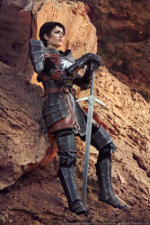 1girl armor cassandra_pentaghast cassandra_pentaghast_(cosplay) chainmail cosplay dark_incognito dragon_age dragon_age_2 female_focus full_body gauntlets photo_(medium) pixie_cut sabatons short_hair solo standing sword weapon