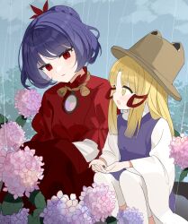 2girls blonde_hair brown_hat chimi_(s2yuyukos2) commentary flower hair_ribbon hat highres layered_sleeves long_hair long_sleeves mirror moriya_suwako multiple_girls open_mouth outdoors pink_flower purple_skirt purple_vest rain red_ribbon red_shirt red_skirt ribbon shirt short_over_long_sleeves short_sleeves skirt skirt_set snail squatting thighhighs touhou tress_ribbon vest white_thighhighs wide_sleeves yasaka_kanako yellow_eyes