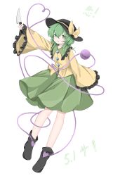 Rule 34 | 1girl, absurdres, ankle boots, black boots, black hat, blouse, boots, bow, buttons, chinese commentary, closed mouth, commentary, contrast collar, dated, diamond button, frilled shirt collar, frilled sleeves, frills, full body, green eyes, green hair, green skirt, hat, hat bow, hat ribbon, heart, heart of string, highres, holding, holding knife, knife, koishi day, komeiji koishi, light smile, long sleeves, looking at viewer, medium hair, ribbon, shirt, simple background, single sleeve past fingers, single sleeve past wrist, skirt, solo, third eye, touhou, translation request, white background, wide sleeves, wu yu wanwan, yellow bow, yellow ribbon, yellow shirt