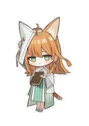 Rule 34 | 1girl, absurdres, ahoge, animal ear fluff, animal ears, arknights, blue dress, blush, book, cat ears, cat girl, cat tail, chibi, closed mouth, dress, empty eyes, full body, green eyes, grey shoes, highres, holding, holding book, long hair, long sleeves, looking at viewer, orange hair, papyrus (arknights), shoes, shrug (clothing), simple background, solo, standing, striped clothes, striped dress, tail, udo (akn otk), vertical-striped clothes, vertical-striped dress, white background, wide sleeves