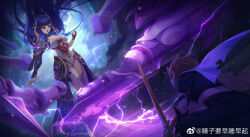 1boy 1girl aether_(genshin_impact) armor back batting_stance blue_background blunt_bangs breasts bridal_gauntlets chinese_commentary cleavage cleavage_cutout clenched_hand clothing_cutout crop_top dress electricity fake_horns fighting_stance fingerless_gloves floating from_behind genshin_impact gloves hair_floating_upwards hand_up headpiece highres holding holding_sword holding_weapon horns japanese_armor large_breasts leaning_forward long_hair looking_ahead looking_down mechanical_hands mitsudomoe_(shape) mole mole_under_eye open_mouth orange_hair pants purple_dress purple_eyes raiden_shogun raiden_shogun_(magatsu_mitake_narukami_no_mikoto) scarf shoulder_armor standing sword thighs tomoe_(symbol) weapon weibo_1763437670 weibo_username