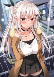 Rule 34 | 1girl, black choker, black ribbon, black skirt, black thighhighs, blouse, blurry, blurry background, blush, breasts, brown coat, butterfly hair ornament, choker, cleavage, coat, collarbone, collared shirt, commentary request, depth of field, dress shirt, escalator, etna (kuzuyu), fur-trimmed coat, fur trim, hair between eyes, hair ornament, hair ribbon, hand up, highres, indoors, komori kuzuyu, large breasts, long hair, long sleeves, looking at viewer, one side up, open clothes, open coat, original, parted lips, pleated skirt, railing, red eyes, ribbon, shirt, skirt, sleeves past wrists, solo, thighhighs, very long hair, white hair, white shirt, zettai ryouiki