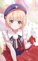 1girl absurdres balloon beret blonde_hair blue_hat braid closed_mouth clothing_request commentary_request confetti dot_nose elbow_gloves frills gloves green_eyes hand_up hat highres holding holding_balloon indie_virtual_youtuber looking_at_viewer official_alternate_costume official_alternate_hairstyle pinkusan red_shirt red_skirt shigure_ui_(vtuber) shirt short_hair skirt smile solo star_(symbol) star_in_eye symbol_in_eye upper_body virtual_youtuber watermark white_background white_gloves