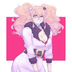 1girl ;d artist_request bear_hair_ornament belt black_belt blonde_hair blue_eyes bra breasts choker danganronpa:_trigger_happy_havoc danganronpa_(series) enoshima_junko fur_trim hair_ornament highres long_hair non-web_source one_eye_closed open_mouth red_bra smile solo source_request teeth twintails underwear upper_body