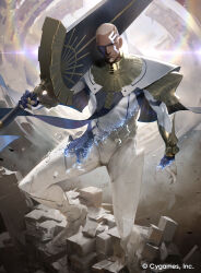 1boy black_capelet bodysuit capelet closed_mouth commentary_request company_name dark_skin day eyepatch floating floating_object foot_out_of_frame from_below gloves greatsword grey_hair high_collar highres holding holding_sword holding_weapon looking_at_viewer magic male_focus mjerrabaine_(shadowverse) muscular muscular_male nanbo_ataru_(attall) official_art outdoors rock shadowverse shadowverse_evolve standing sword weapon white_bodysuit