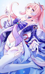 1girl azusa_aiuchi_(2525dayon) blush bow-shaped_hair breasts cleavage detached_collar genshin_impact gloves highres hydro_symbol_(genshin_impact) japanese_clothes long_hair long_sleeves medium_breasts navel nontraditional_miko open_mouth pink_hair purple_eyes sangonomiya_kokomi solo stomach thighhighs thighs underwater very_long_hair vision_(genshin_impact) white_gloves white_thighhighs wide_sleeves