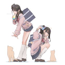 1girl absurdres bag black_hair blue_eyes blush breasts brown_hair cat cellphone collared_shirt cup drink drinking_straw drinking_straw_in_mouth earrings gyaru hair_ornament hairclip highres holding holding_cup holding_phone idolmaster idolmaster_shiny_colors jewelry kazano_hiori kneehighs long_hair long_sleeves looking_at_phone looking_at_viewer miniskirt mole mole_under_mouth open_mouth phone pleated_skirt ponytail school_uniform selfie shirt shoulder_bag simple_background skirt smartphone smile socks solo umirororo v white_shirt