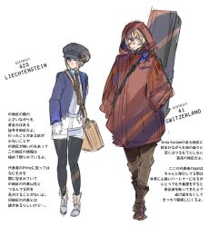 Rule 34 | 1boy, 1girl, axis powers hetalia, beret, black hat, black pantyhose, blonde hair, blue eyes, blue jacket, boots, brother and sister, brown bag, brown boots, brown necktie, brown pants, clenched hand, closed mouth, collared shirt, commentary request, full body, gloves, green eyes, hands in pockets, hat, himaruya hidekazu, hood, hoodie, jacket, liechtenstein (hetalia), long sleeves, looking afar, looking at another, necktie, official alternate costume, official art, open clothes, open jacket, pants, pantyhose, red hoodie, shirt, short hair, shorts, siblings, sidelocks, standing, switzerland (hetalia), translation request, visor cap, white boots, white gloves, white shirt, white shorts