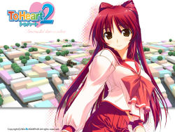00s 1girl 2004 amazuyu_tatsuki blush brown_eyes copyright_name female_focus kousaka_tamaki long_hair official_art official_wallpaper pleated_skirt rainbow_text red_hair school_uniform serafuku skirt solo to_heart_(series) to_heart_2