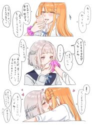 2girls arms_around_neck blue_eyes blue_ribbon blush braid collared_shirt commentary_request gakuen_idolmaster green_eyes grey_hair hair_ribbon half_up_braid heart highres idolmaster imminent_kiss katsuragi_lilja kiss kissing_hand long_sleeves multiple_girls open_mouth orange_hair ribbon ribbon_braid rimosuko school_uniform scrunchie shirt shiun_sumika short_hair simple_background smile speech_bubble translation_request white_background white_shirt wrist_scrunchie yuri