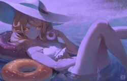 1girl bare_legs bare_shoulders bikini blonde_hair breasts donut elzapatoverde food frilled_bikini frills hat holding holding_donut holding_food in_water kizumonogatari looking_at_viewer lying monogatari_(series) off_shoulder on_back oshino_shinobu pointy_ears single_off_shoulder small_breasts smirk solo sun_hat swept_bangs swimsuit vampire water white_bikini white_hat yellow_eyes