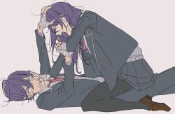 1boy 1girl anger_vein angry bandaged_hand bandages black_jacket black_pants black_pantyhose black_skirt blazer blocking brown_shoes clenched_teeth closed_mouth collared_shirt constricted_pupils crying fighting flat_color genderswap genderswap_(mtf) grey_sweater grey_sweater_vest hair_between_eyes hand_on_another&#039;s_face hand_on_another&#039;s_head jacket kamatama_rom kenmochi_touko kenmochi_touya kenmochi_touya_(1st_costume) lapels loafers long_hair long_sleeves looking_at_another lying messy_hair necktie nijisanji notched_lapels on_back open_clothes open_jacket open_mouth pants pantyhose plaid_clothes plaid_necktie pleated_skirt purple_hair red_necktie school_uniform shirt shoes short_hair sidelocks simple_background skirt straddling sweater sweater_vest teeth white_shirt wing_collar