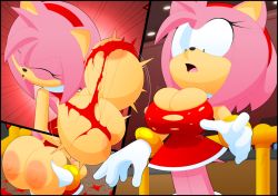 1girl amy_rose breast_expansion breasts dress expansion female_focus furry furry_female green_eyes huge_breasts large_areolae large_breasts multiple_views red_skirt skirt slickehedge sonic_(series) torn_clothes torn_dress