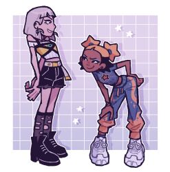 2girls aika_(kiana_mai) black_eyes black_hair blonde_hair boots crossover dark-skinned_female dark_skin earrings full_body highres i_don&#039;t_want_to_be_a_magical_girl jentry_chau jentry_chau_vs_the_underworld jewelry leaning_forward looking_at_another looking_down looking_up makeup midriff multiple_girls nervous off-shoulder_shirt off_shoulder pants shirt shoes short_hair shorts smile smug sneakers standing star_(symbol) teeth v-shaped_eyebrows vampyrhydes