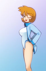 1girl absurdres ass bare_legs breasts competition_swimsuit cowboy_shot eyelashes gen_1_pokemon gen_2_pokemon hair_between_eyes highres jacket large_breasts legs long_sleeves looking_at_viewer misty_(pokemon) nintendo one-piece_swimsuit one_eye_closed orange_hair pokemon pokemon_hgss scorpdk shirt short_hair solo starmie swimsuit thighs wink