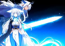 Rule 34 | 1boy, 1girl, animal ears, bare hips, blue eyes, borrowed character, fox ears, hakama, hakama skirt, highres, hip vent, husband and wife, japanese clothes, konshin, long hair, no panties, orie jinku, orie mishiro, pixiv fantasia, pixiv fantasia fallen kings, pointy ears, red eyes, skirt, sword, weapon, white hair