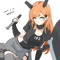 1girl absurdres bigkwl black_gloves black_one-piece_swimsuit blue_eyes breasts gloves gradient_sweater grey_skirt grey_thighhighs headgear highres kantai_collection long_hair looking_at_viewer machinery medium_breasts one-piece_swimsuit orange_hair salmon_(kancolle) skirt swimsuit swimsuit_under_clothes thighhighs torpedo two-tone_swimsuit white_background
