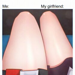 2girls border cipher4109 commentary dress english_text from_above hakos_baelz hashtag-only_commentary hololive hololive_english irys_(hololive) irys_(irys_2.0)_(hololive) layered_dress meme multicolored_skirt multiple_girls out_of_frame sitting size_comparison skirt thick_thighs thigh_focus thighs virtual_youtuber white_border