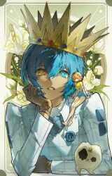 Rule 34 | 1boy, 1girl, absurdres, blue eyes, blue gemstone, blue hair, brown gloves, collared shirt, crown, dark-skinned male, dark skin, fairy, floral print, flower, full body, gallica (metaphor: refantazio), gem, gloves, green gemstone, head rest, headband, heterochromia, highres, lens flare, leotard, looking at viewer, metaphor: refantazio, orange hair, overexposure, parted lips, pointy ears, protagonist (metaphor: refantazio), red gemstone, shirt, short hair, sidelighting, sitting, sitting on person, skull, solo, themoonrabbit, upper body, yellow eyes
