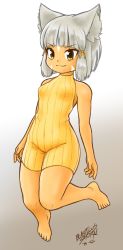 Rule 34 | 1girl, animal ears, blasticussaturn, breasts, cat ears, facial mark, female focus, full body, gradient background, grey background, grey hair, highres, nia (xenoblade), nintendo, one-piece swimsuit, self-upload, solo, swimsuit, tan, white background, xenoblade chronicles (series), xenoblade chronicles 2, yellow one-piece swimsuit