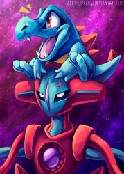 anger_vein artist_name black_sclera blue_skin colored_sclera colored_skin deoxys deoxys_(normal) deviantart_username gen_2_pokemon gen_3_pokemon highres mythical_pokemon nintendo on_head open_mouth pokemon pokemon_(creature) pokemon_on_head red_eyes robot sharp_teeth signature sitting smile spikes splatterparrot teeth totodile watermark web_address white_eyes