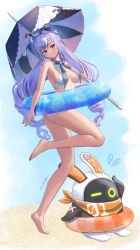Rule 34 | 1girl, ass, barefoot, beach, bikini, breasts, drill hair, eous (zenless zone zero), full body, highres, holding, holding umbrella, innertube, long hair, looking at viewer, medium breasts, mitsukayurie, multicolored hair, outdoors, purple hair, red eyes, side-tie bikini bottom, sky, sling bikini top, smile, soles, solo, standing, streaked hair, swim ring, swimsuit, thighs, twin drills, umbrella, vivian banshee, white bikini, white hair, zenless zone zero